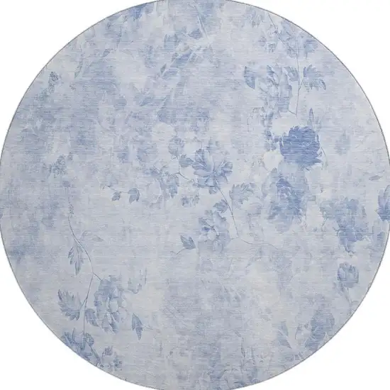 8' Sky Blue And Ivory Floral Washable Round Rug With UV Protection Photo 3