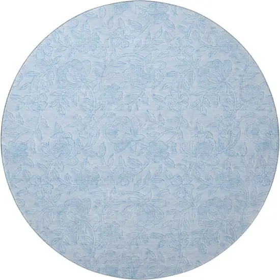 8' Sky Blue And Ivory Floral Washable Round Rug With UV Protection Photo 4
