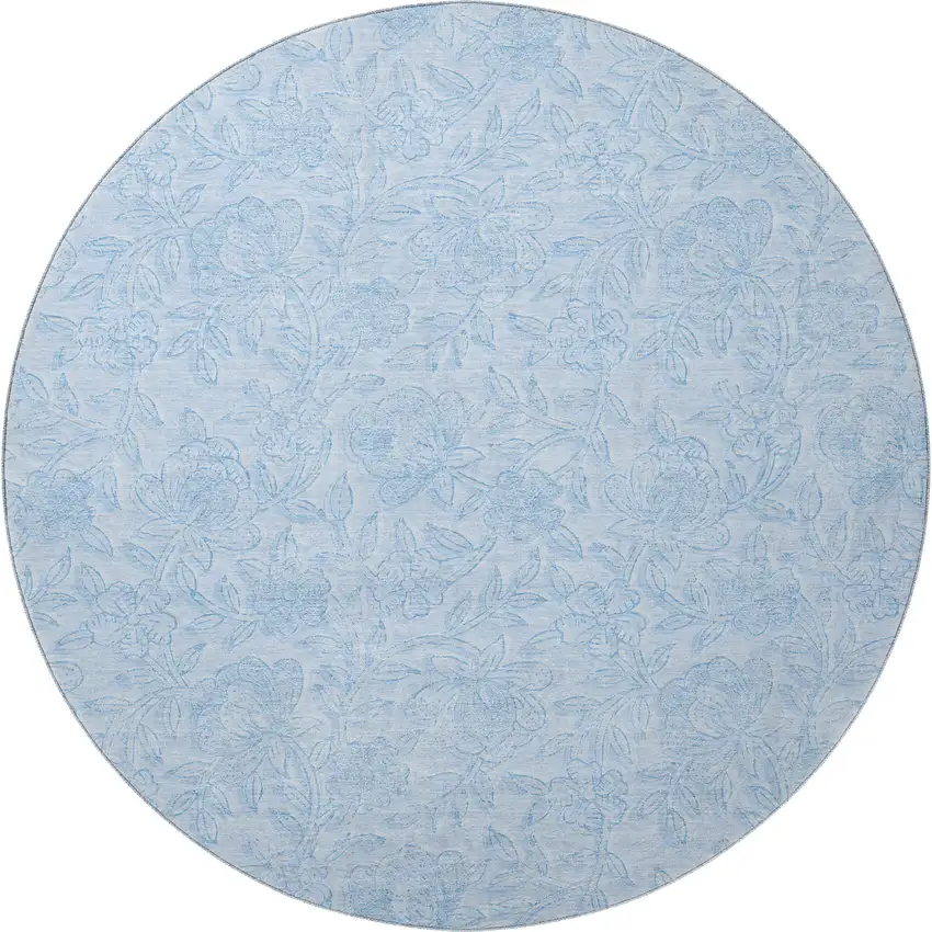 8' Sky Blue And Ivory Floral Washable Round Rug With UV Protection Photo 4