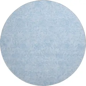 Photo of 8' Sky Blue And Ivory Floral Washable Round Rug With UV Protection