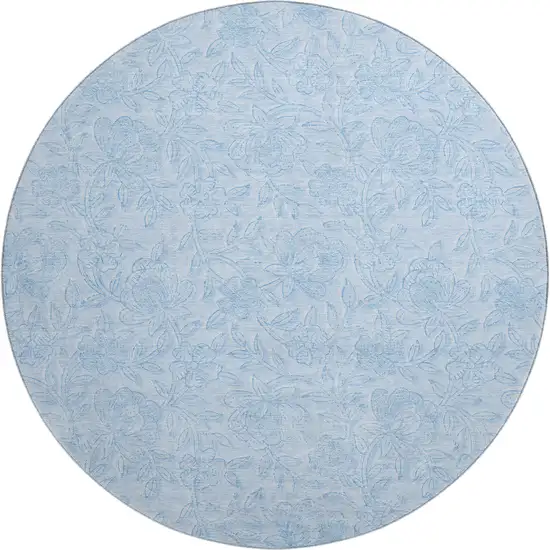 8' Sky Blue And Ivory Floral Washable Round Rug With UV Protection Photo 1
