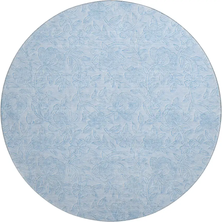 8' Sky Blue And Ivory Floral Washable Round Rug With UV Protection Photo 1