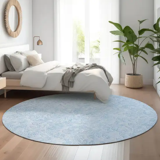 8' Sky Blue And Ivory Floral Washable Round Rug With UV Protection Photo 5