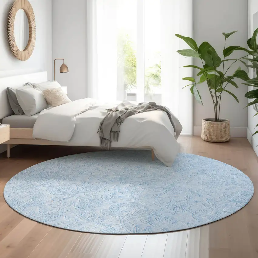 8' Sky Blue And Ivory Floral Washable Round Rug With UV Protection Photo 5