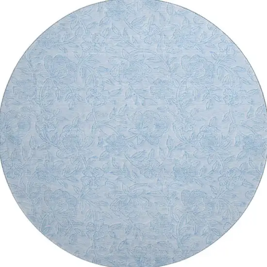 8' Sky Blue And Ivory Floral Washable Round Rug With UV Protection Photo 3
