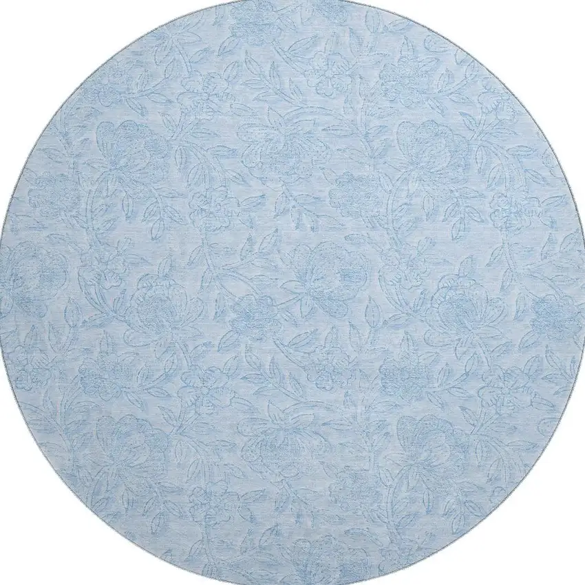 8' Sky Blue And Ivory Floral Washable Round Rug With UV Protection Photo 3