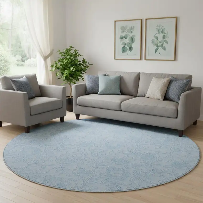 8' Sky Blue And Ivory Floral Washable Round Rug With UV Protection Photo 1