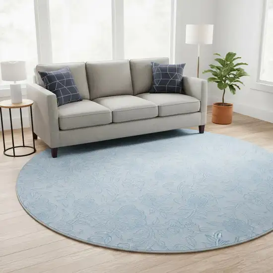 8' Sky Blue And Ivory Floral Washable Round Rug With UV Protection Photo 2