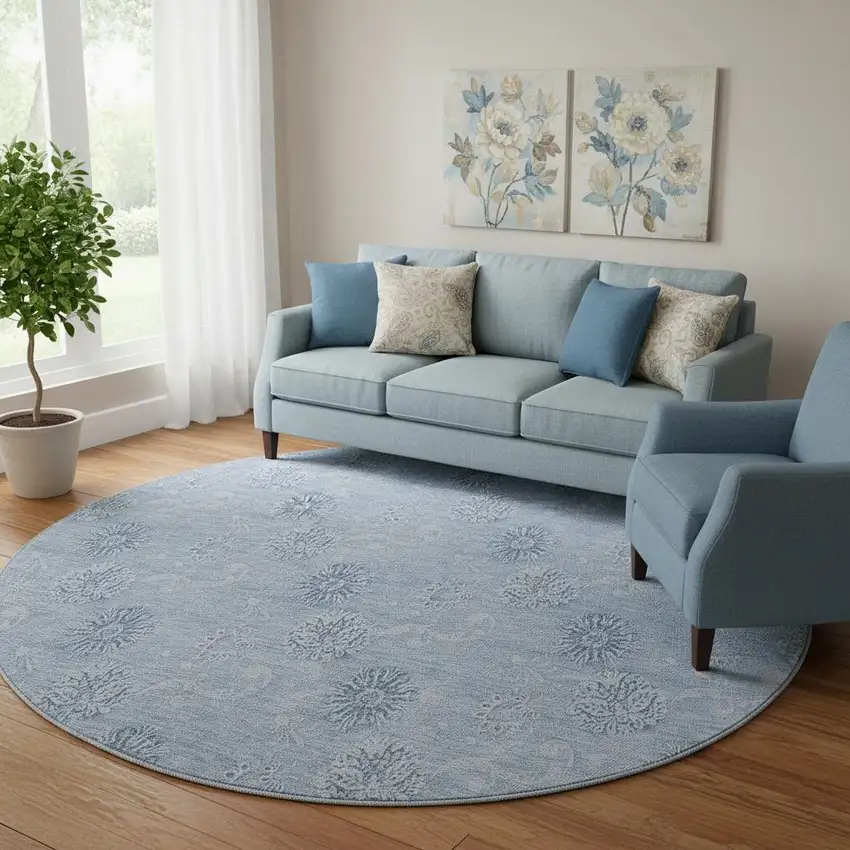 8' Sky Blue And Ivory Floral Washable Round Rug With UV Protection Photo 1