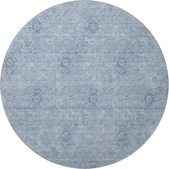 8' Sky Blue And Ivory Floral Washable Round Rug With UV Protection Photo 4