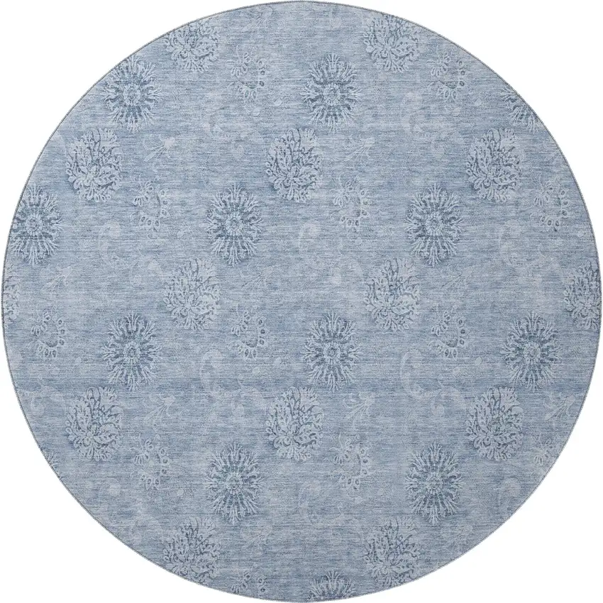 8' Sky Blue And Ivory Floral Washable Round Rug With UV Protection Photo 4
