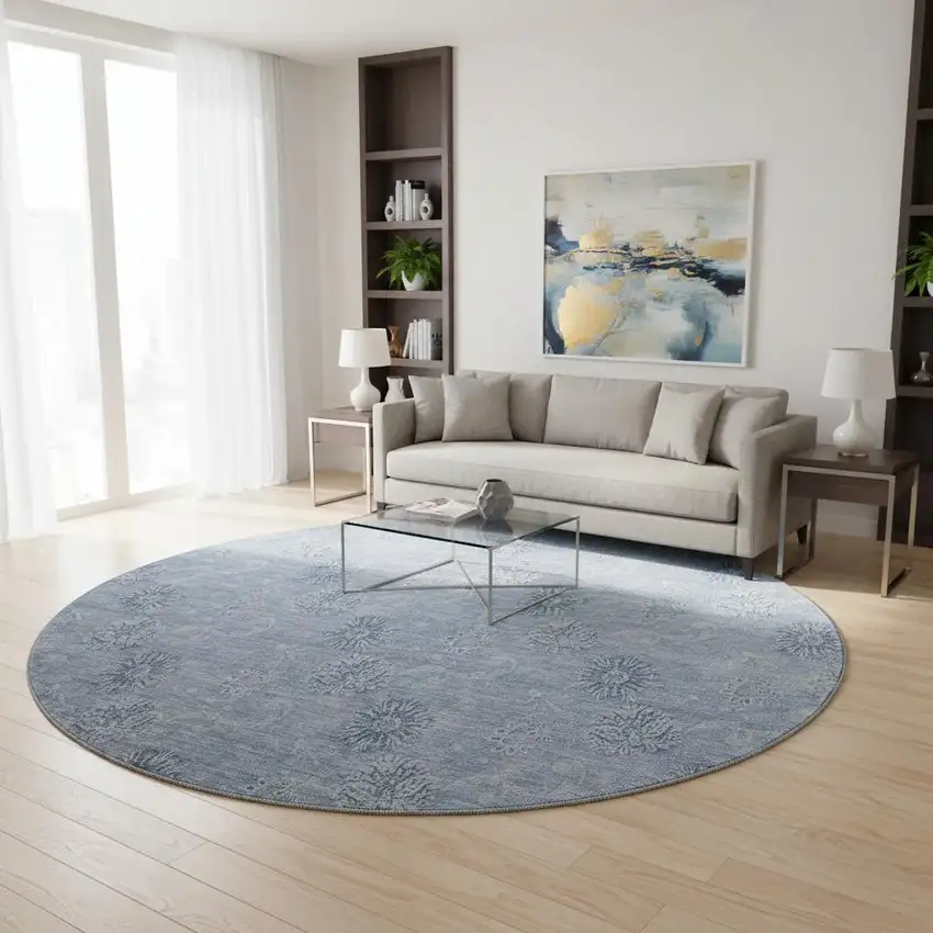 8' Sky Blue And Ivory Floral Washable Round Rug With UV Protection Photo 2