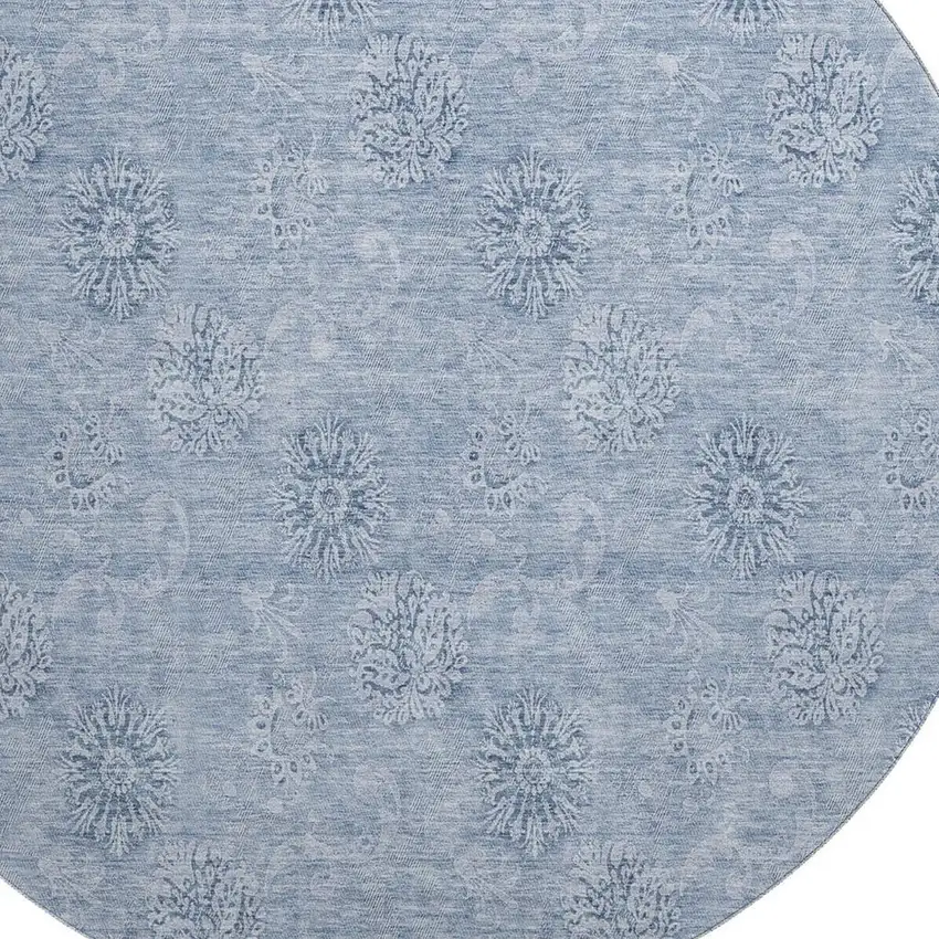 8' Sky Blue And Ivory Floral Washable Round Rug With UV Protection Photo 3
