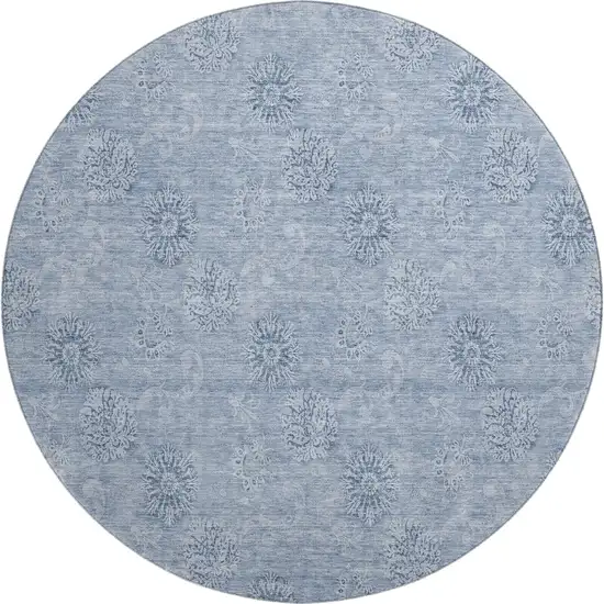 8' Sky Blue And Ivory Floral Washable Round Rug With UV Protection Photo 1