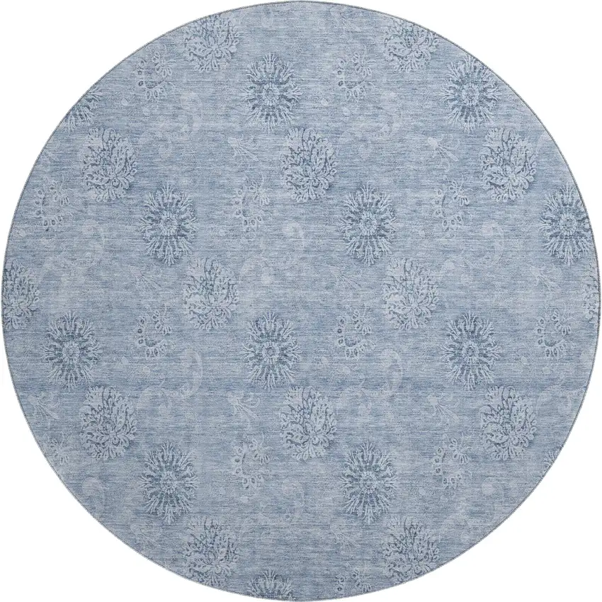 8' Sky Blue And Ivory Floral Washable Round Rug With UV Protection Photo 1