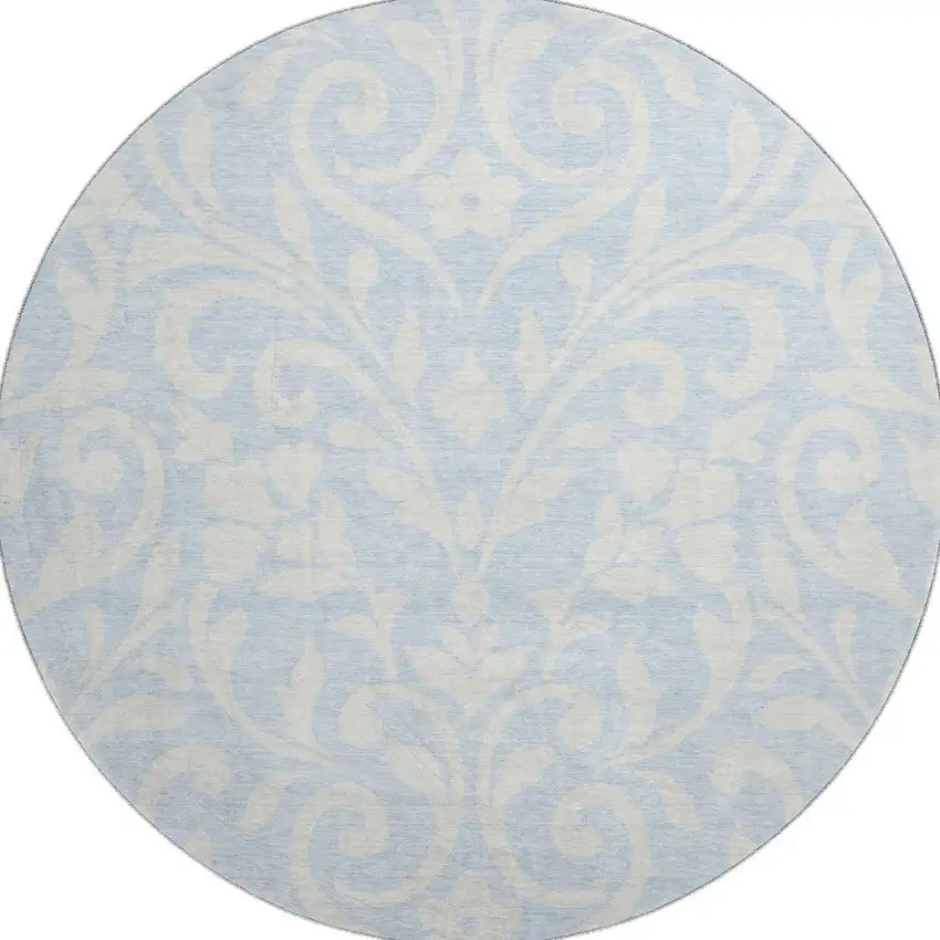 8' Sky Blue And Ivory Floral Washable Round Rug With UV Protection Photo 4