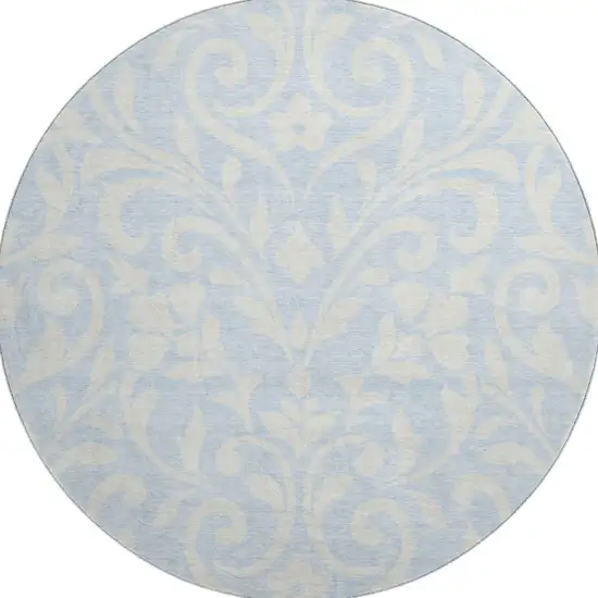 8' Sky Blue And Ivory Floral Washable Round Rug With UV Protection Photo 4