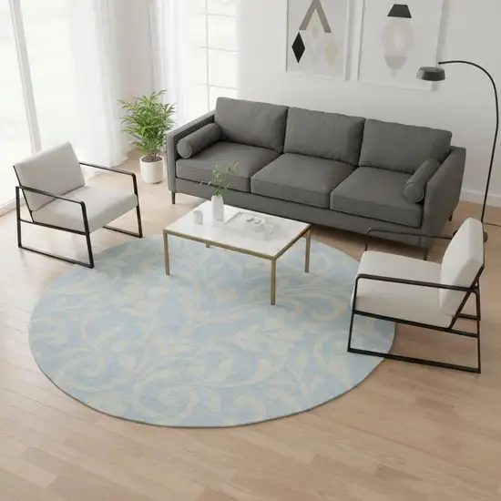 8' Sky Blue And Ivory Floral Washable Round Rug With UV Protection Photo 2