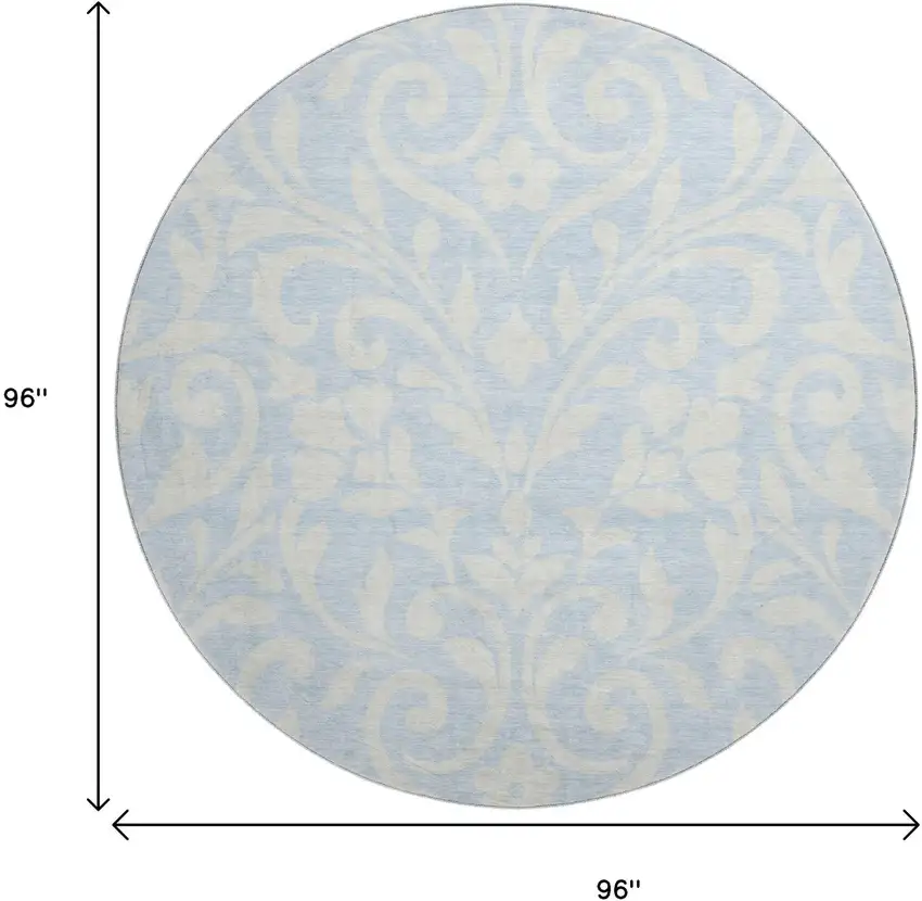 8' Sky Blue And Ivory Floral Washable Round Rug With UV Protection Photo 8