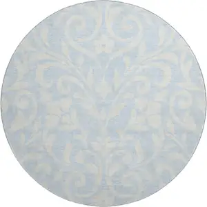 Photo of 8' Sky Blue And Ivory Floral Washable Round Rug With UV Protection