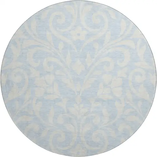 8' Sky Blue And Ivory Floral Washable Round Rug With UV Protection Photo 1