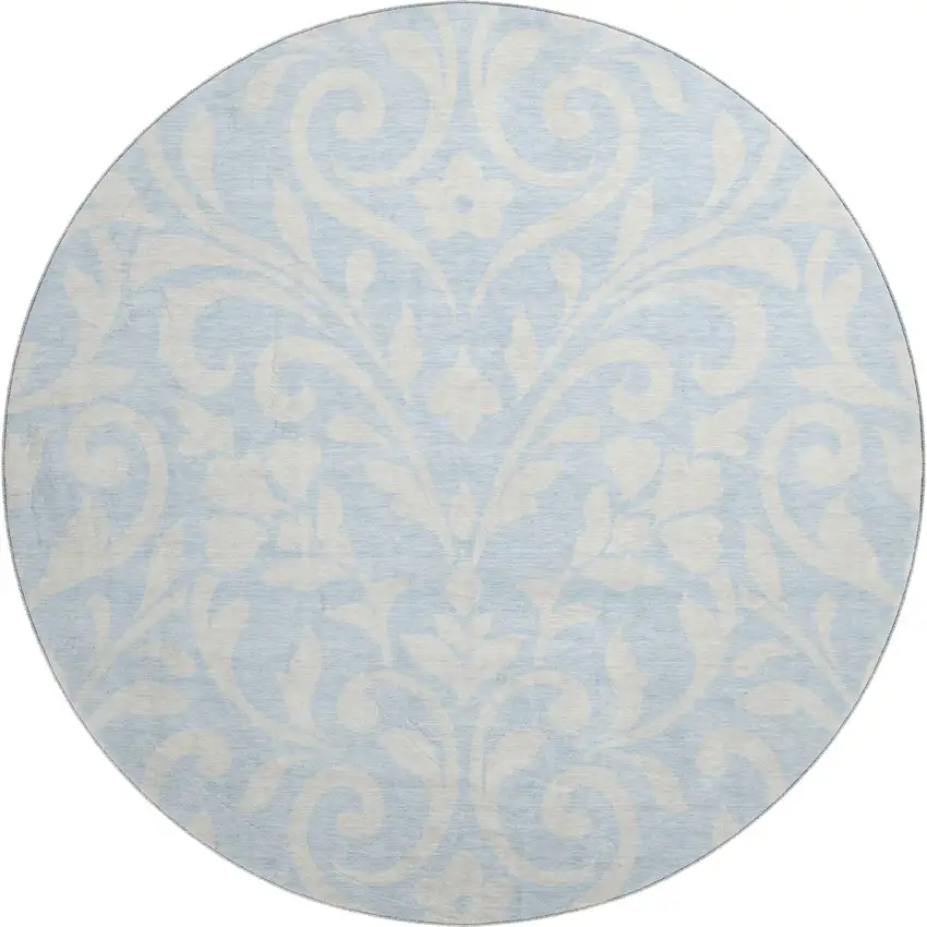 8' Sky Blue And Ivory Floral Washable Round Rug With UV Protection Photo 1