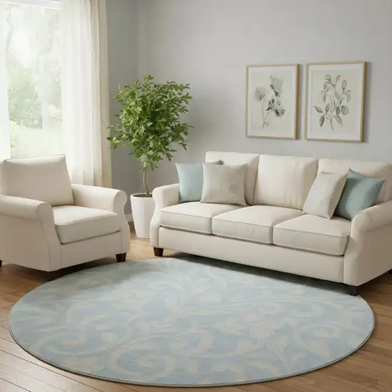 8' Sky Blue And Ivory Floral Washable Round Rug With UV Protection Photo 1