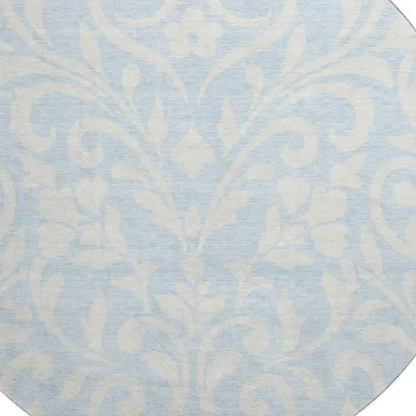 8' Sky Blue And Ivory Floral Washable Round Rug With UV Protection Photo 3