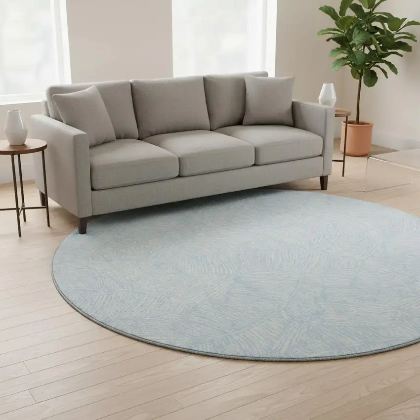 8' Sky Blue And Ivory Floral Washable Round Rug With UV Protection Photo 2