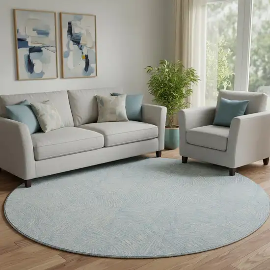 8' Sky Blue And Ivory Floral Washable Round Rug With UV Protection Photo 1