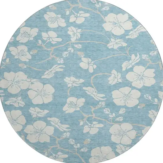 8' Sky Blue And Ivory Floral Washable Round Rug With UV Protection Photo 3