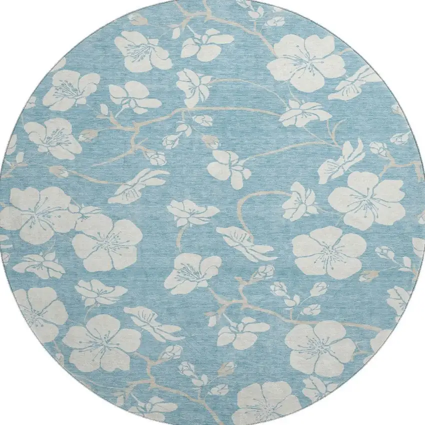 8' Sky Blue And Ivory Floral Washable Round Rug With UV Protection Photo 3