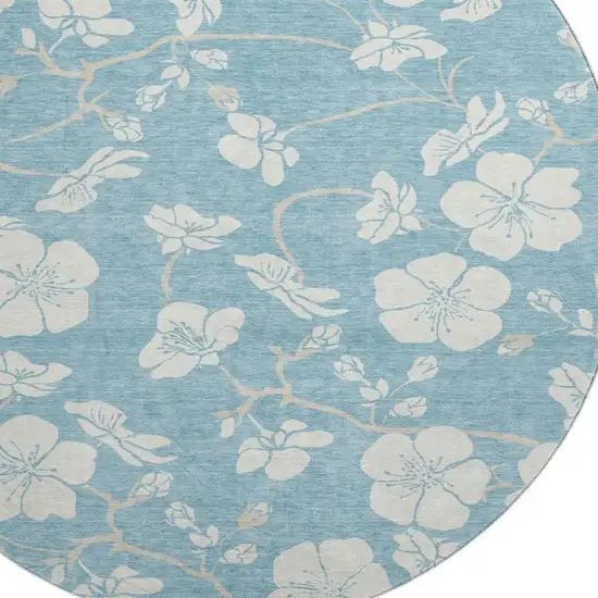 8' Sky Blue And Ivory Floral Washable Round Rug With UV Protection Photo 2