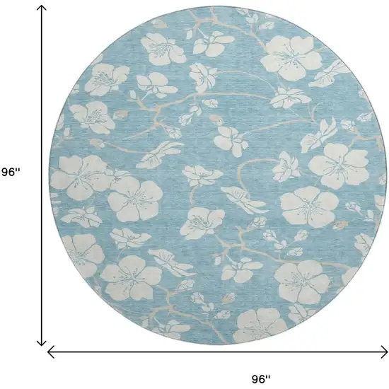 8' Sky Blue And Ivory Floral Washable Round Rug With UV Protection Photo 9