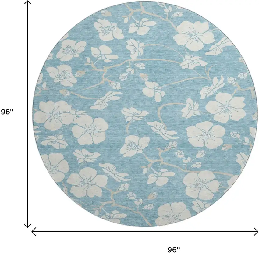 8' Sky Blue And Ivory Floral Washable Round Rug With UV Protection Photo 9