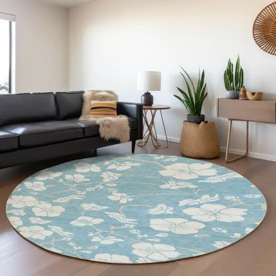 8' Sky Blue And Ivory Floral Washable Round Rug With UV Protection Photo 4