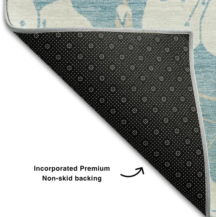 8' Sky Blue And Ivory Floral Washable Round Rug With UV Protection Photo 5