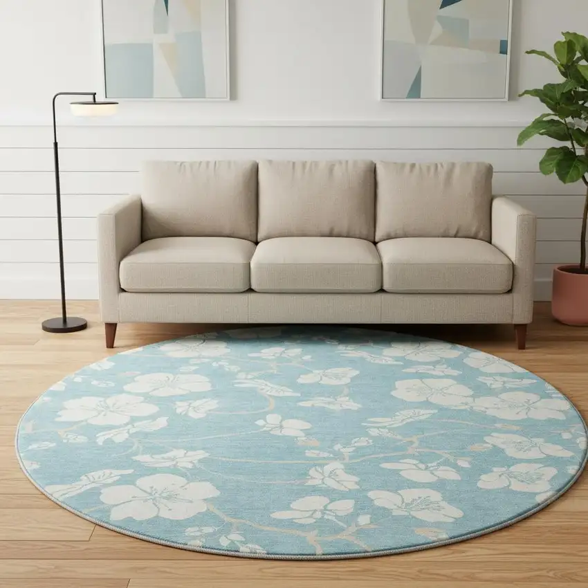 8' Sky Blue And Ivory Floral Washable Round Rug With UV Protection Photo 2