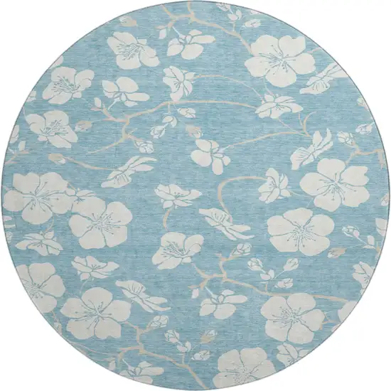 8' Sky Blue And Ivory Floral Washable Round Rug With UV Protection Photo 1