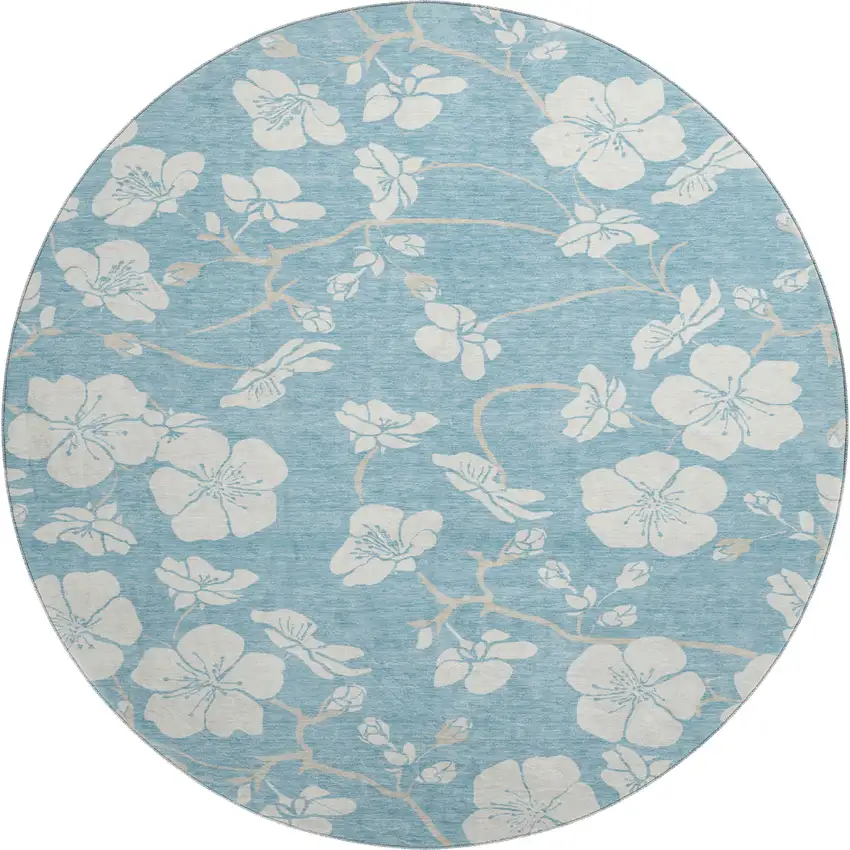 8' Sky Blue And Ivory Floral Washable Round Rug With UV Protection Photo 1