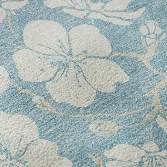 8' Sky Blue And Ivory Floral Washable Round Rug With UV Protection Photo 8