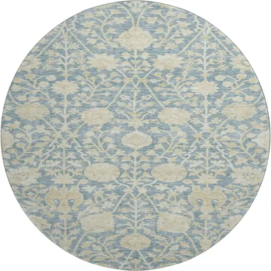8' Sky Blue And Ivory Floral Washable Round Rug With UV Protection Photo 1