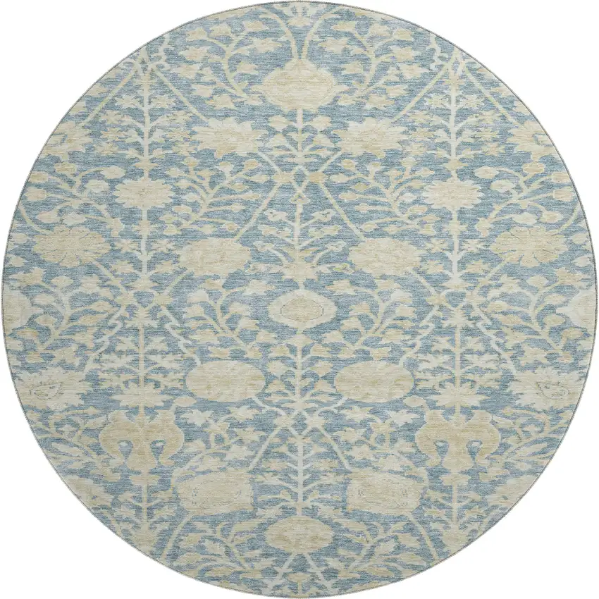 8' Sky Blue And Ivory Floral Washable Round Rug With UV Protection Photo 1
