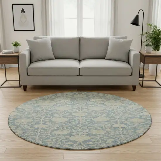 8' Sky Blue And Ivory Floral Washable Round Rug With UV Protection Photo 1