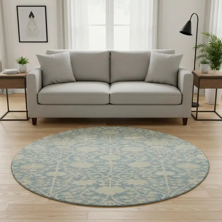 8' Sky Blue And Ivory Floral Washable Round Rug With UV Protection Photo 1