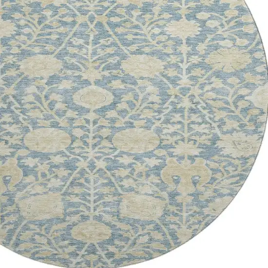 8' Sky Blue And Ivory Floral Washable Round Rug With UV Protection Photo 2