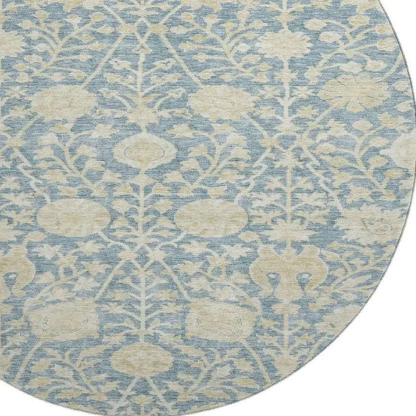 8' Sky Blue And Ivory Floral Washable Round Rug With UV Protection Photo 2