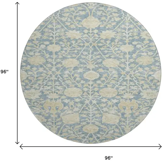 8' Sky Blue And Ivory Floral Washable Round Rug With UV Protection Photo 9