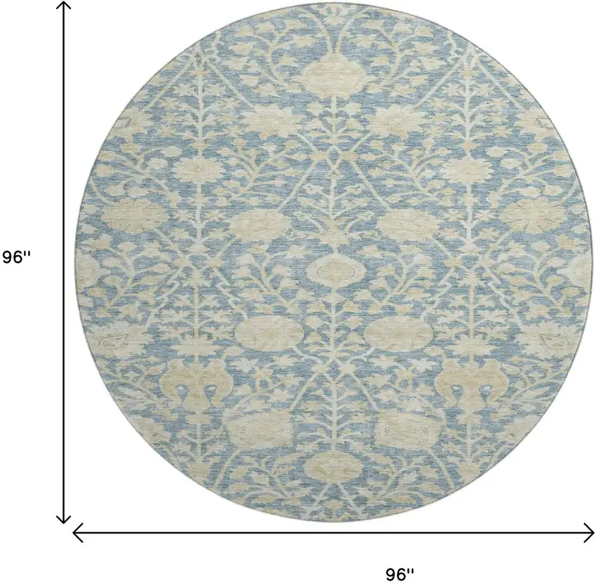 8' Sky Blue And Ivory Floral Washable Round Rug With UV Protection Photo 9