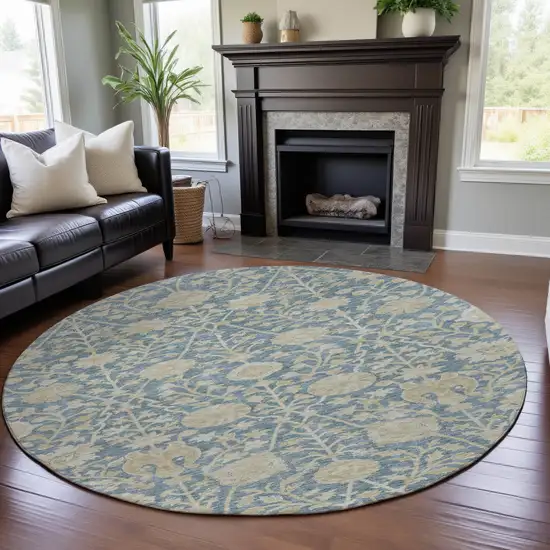 8' Sky Blue And Ivory Floral Washable Round Rug With UV Protection Photo 4